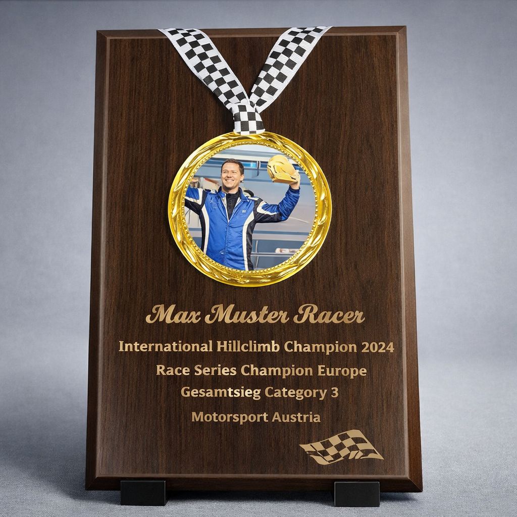 Motorsport Ehrentafel Gridline Walnuss Medaille Gravur Bild Zielflagge