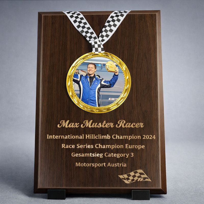 Motorsport Ehrentafel Gridline Walnuss Medaille Gravur Bild Zielflagge