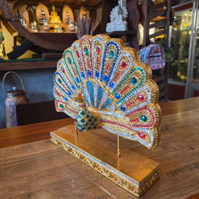 Hand Carved Peacock Statue 33cm - A