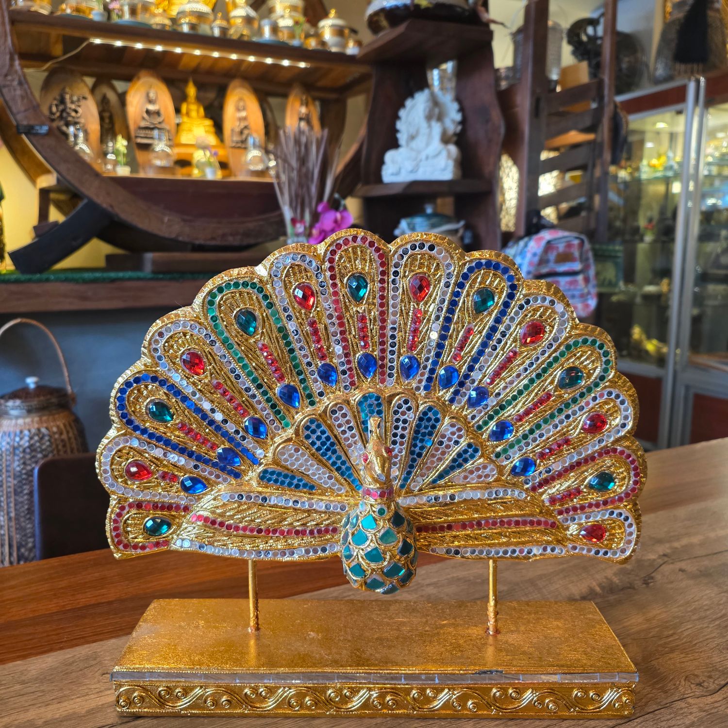 Hand Carved Peacock Statue 33cm - A