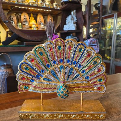 Hand Carved Peacock Statue 33cm - A