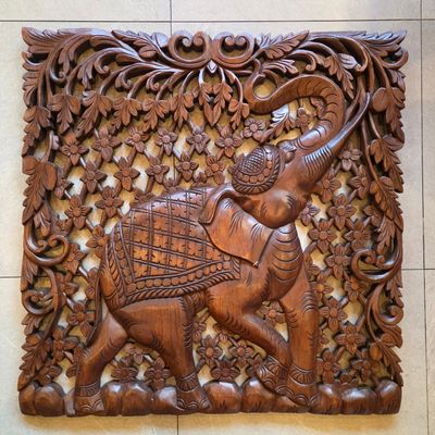 Hand-Carved Thai Elephant Wooden Wall Plaque–Floral Garden B