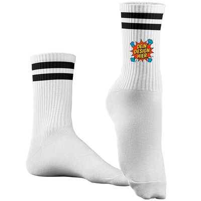 Tennissocken, Farbe Weiß mit schwarzen Streifen (Inkl. Druck auf beiden Außenseiten)