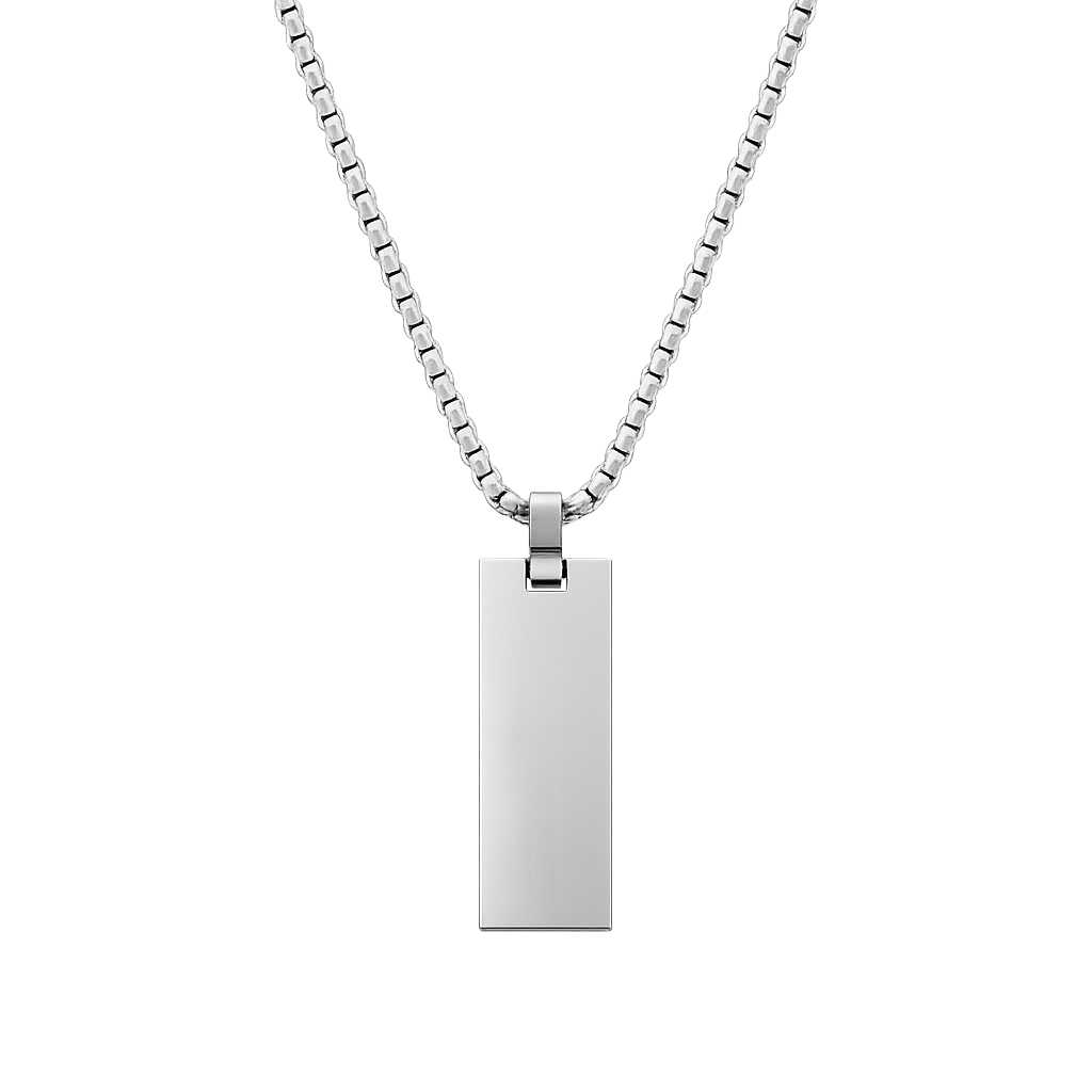 Halskette mit lasergraviertem Pendent aus Edelstahl (Schmale Rechteckform / Anhänger hochpoliert)