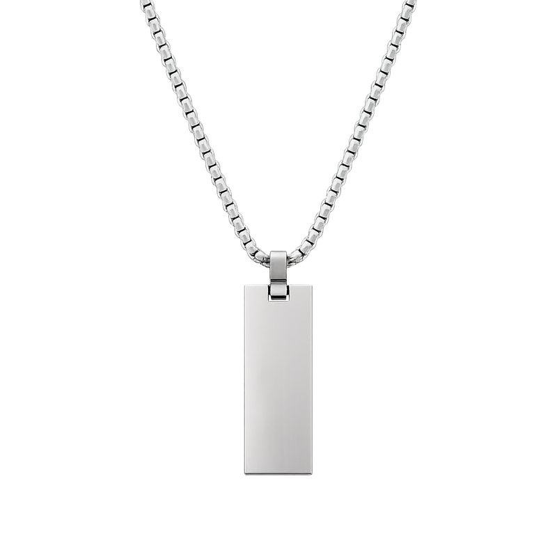 Halskette mit lasergraviertem Pendent aus Edelstahl (Schmale Rechteckform / Anhänger hochpoliert)
