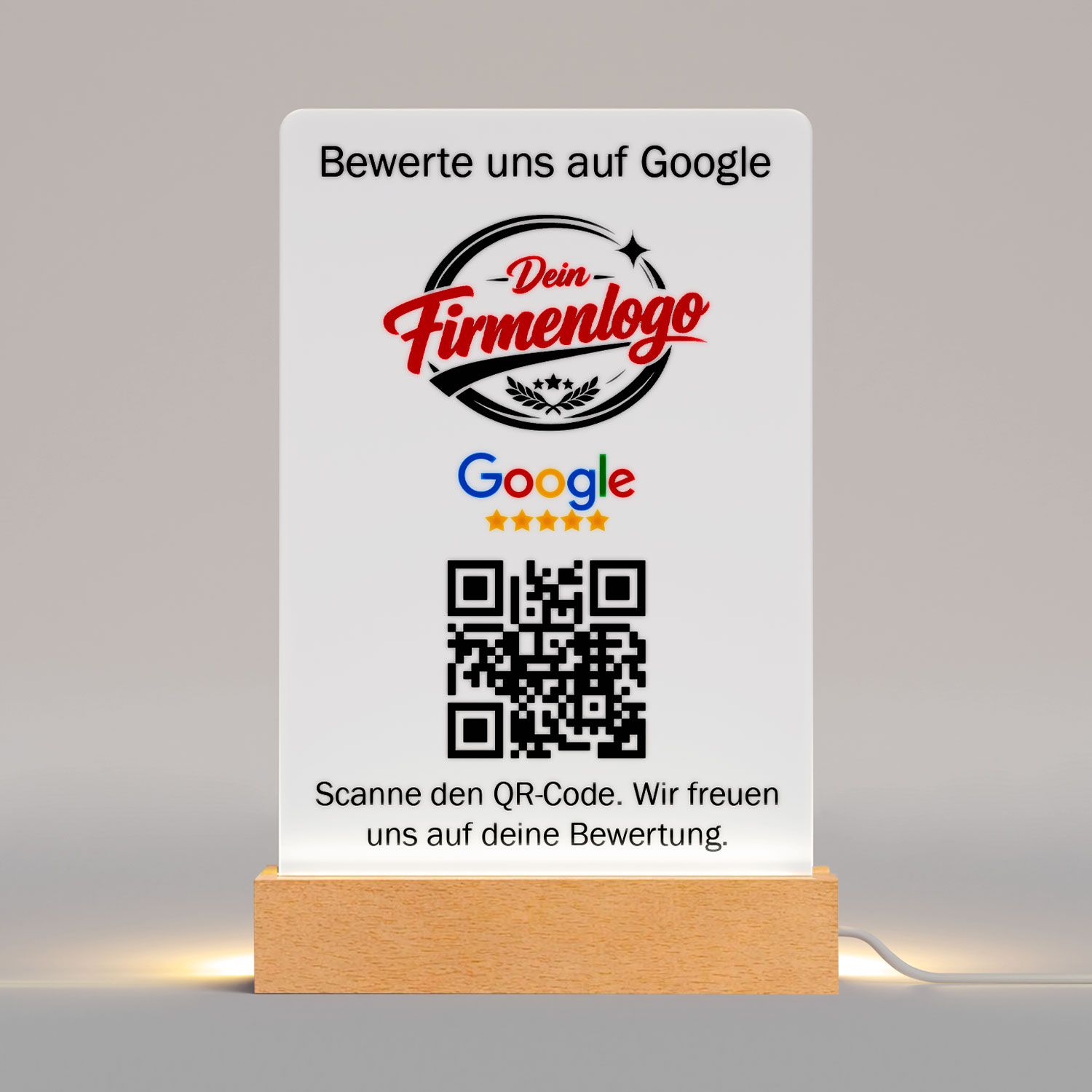 Google-Bewertungs-Aufsteller mit Logodruck, LED-Beleuchtung und QR-Funktion (Du-Form)