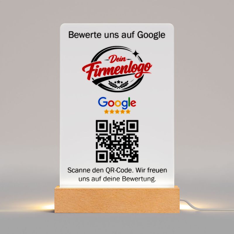 Google-Bewertungs-Aufsteller mit Logodruck, LED-Beleuchtung und QR-Funktion (Du-Form)