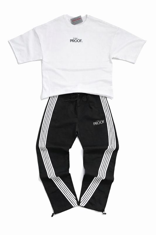 “i am…PROOF” Unisex Raw Edge Cropped Sweatshirt Paired With 5 Stripe Track Pants (Click on photo to view available colors)