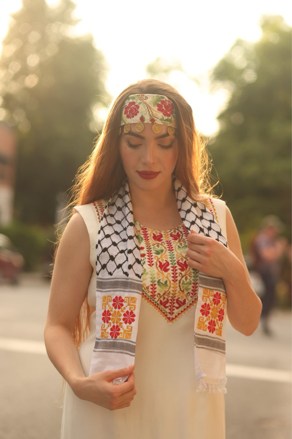 Gold &amp; Red Tatreez Keffiyeh
