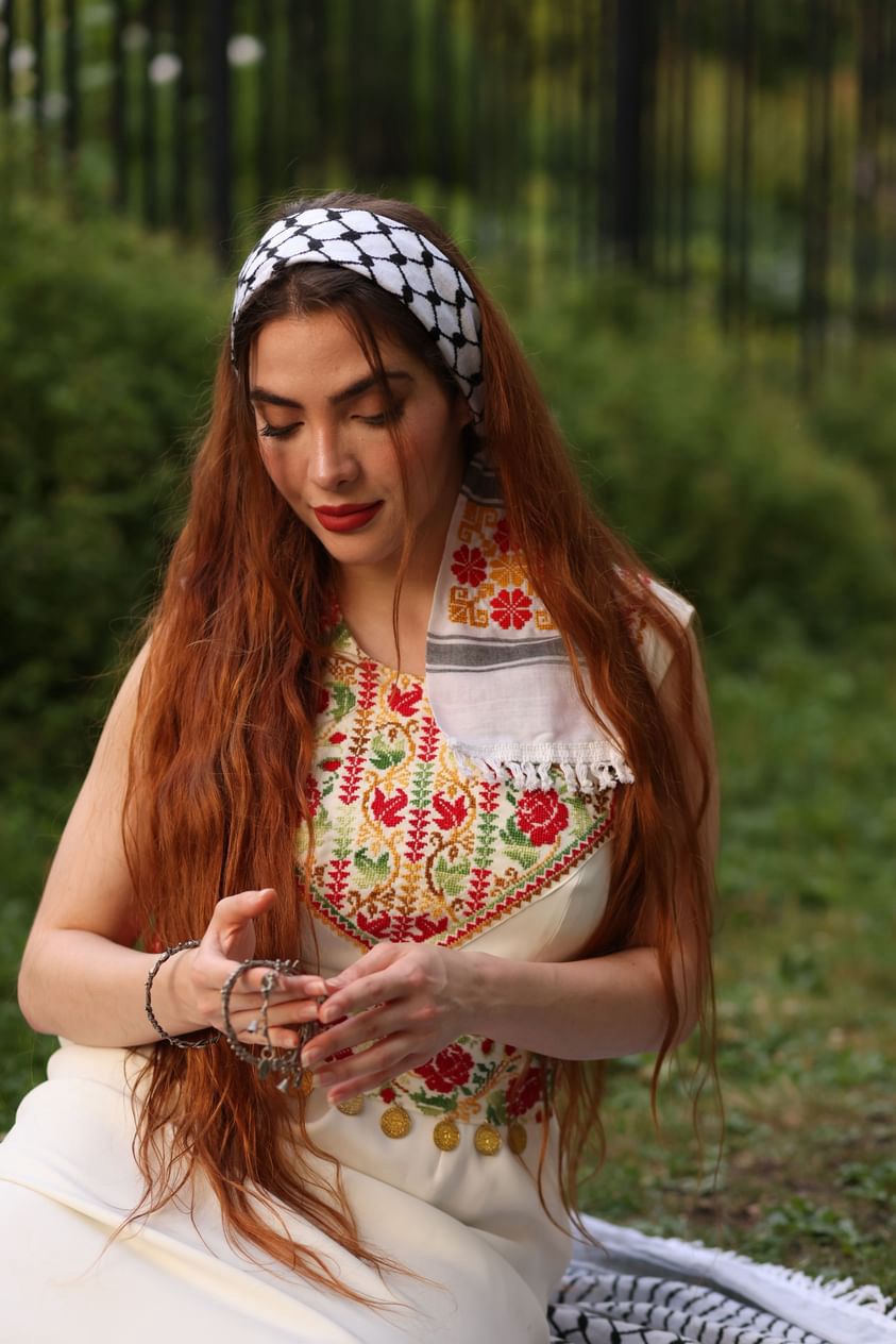 Gold &amp; Red Tatreez Keffiyeh