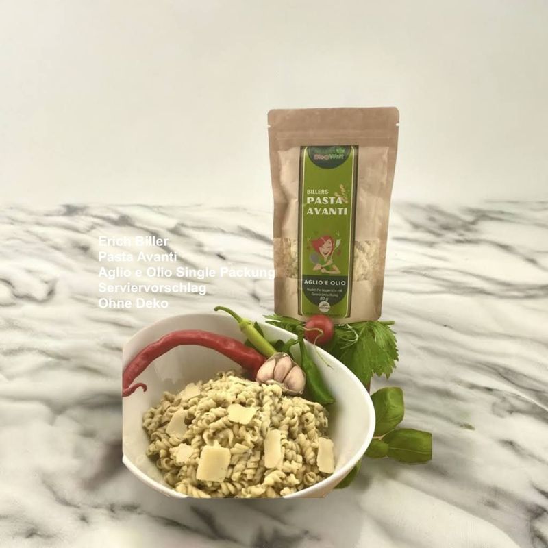Erich Biller Bio Pasta Avanti Aglio e Olio Single Packung Erich Biller Bio Pasta Avanti Aglio e Olio Single Packung