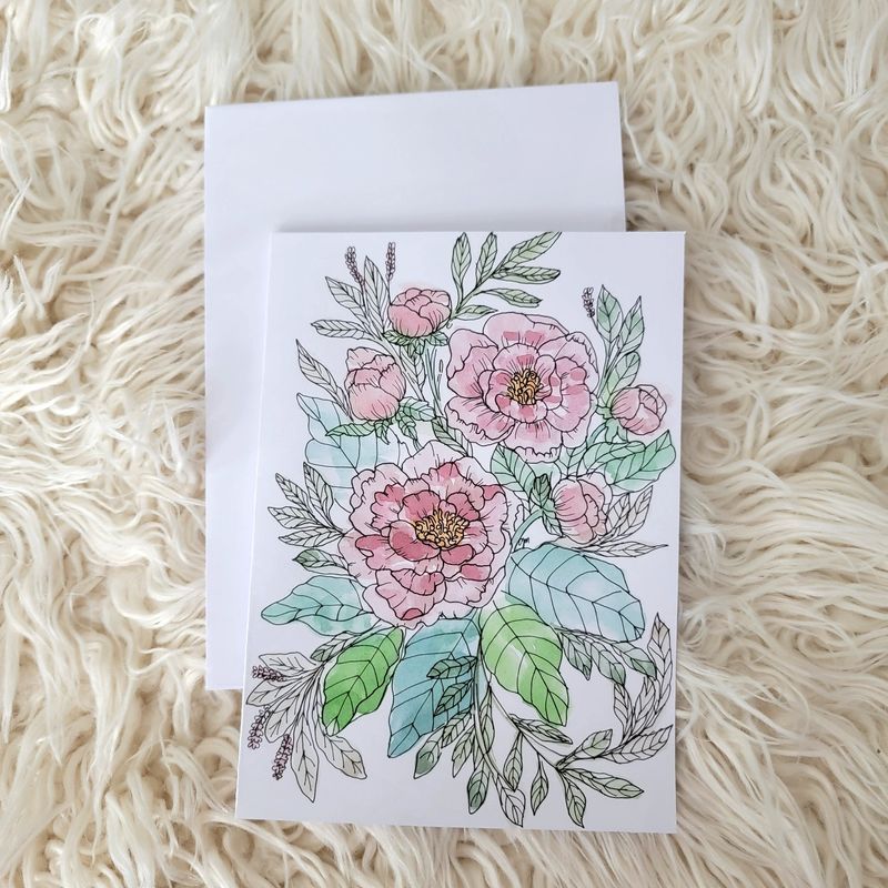 Hand Drawn Peonies Blank Card