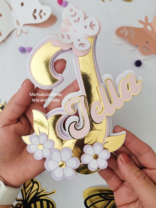 Custom Flloral - Name - Letter Cake Topper in Gold 