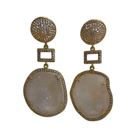 White Geode Earrings with Geometric Accent, Color: White