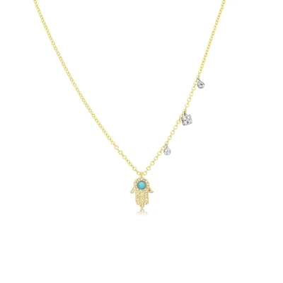 Yellow Gold and Turquoise Hamsa Necklace with Diamond Charms N12078