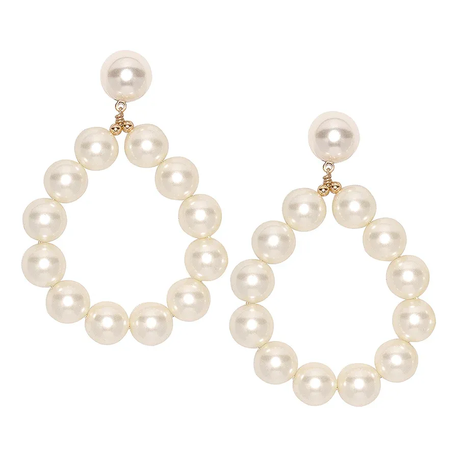 Gold And White Pearl Ball Hoop Pierced Earrings, Color: White