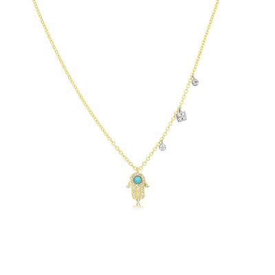 Yellow Gold and Turquoise Hamsa Necklace with Diamond Charms N12078