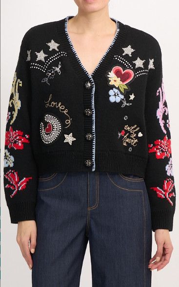 Western Collage Cardigan, Color: Black Multi, Size: Xs