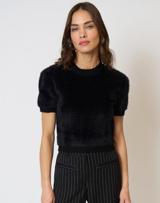 Roman Eyelash Tee With Shoulder Pads, Color: Black, Size: s