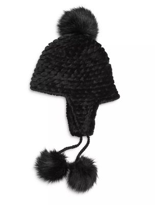 Faux Mink Knitted Trapper Hat W Faux Fox Pom