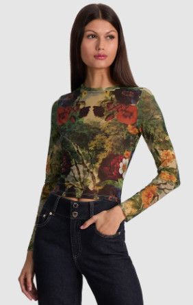 Delaina Prntd Mesh Ls Crop Top, Color: Forbidden Forest, Size: l