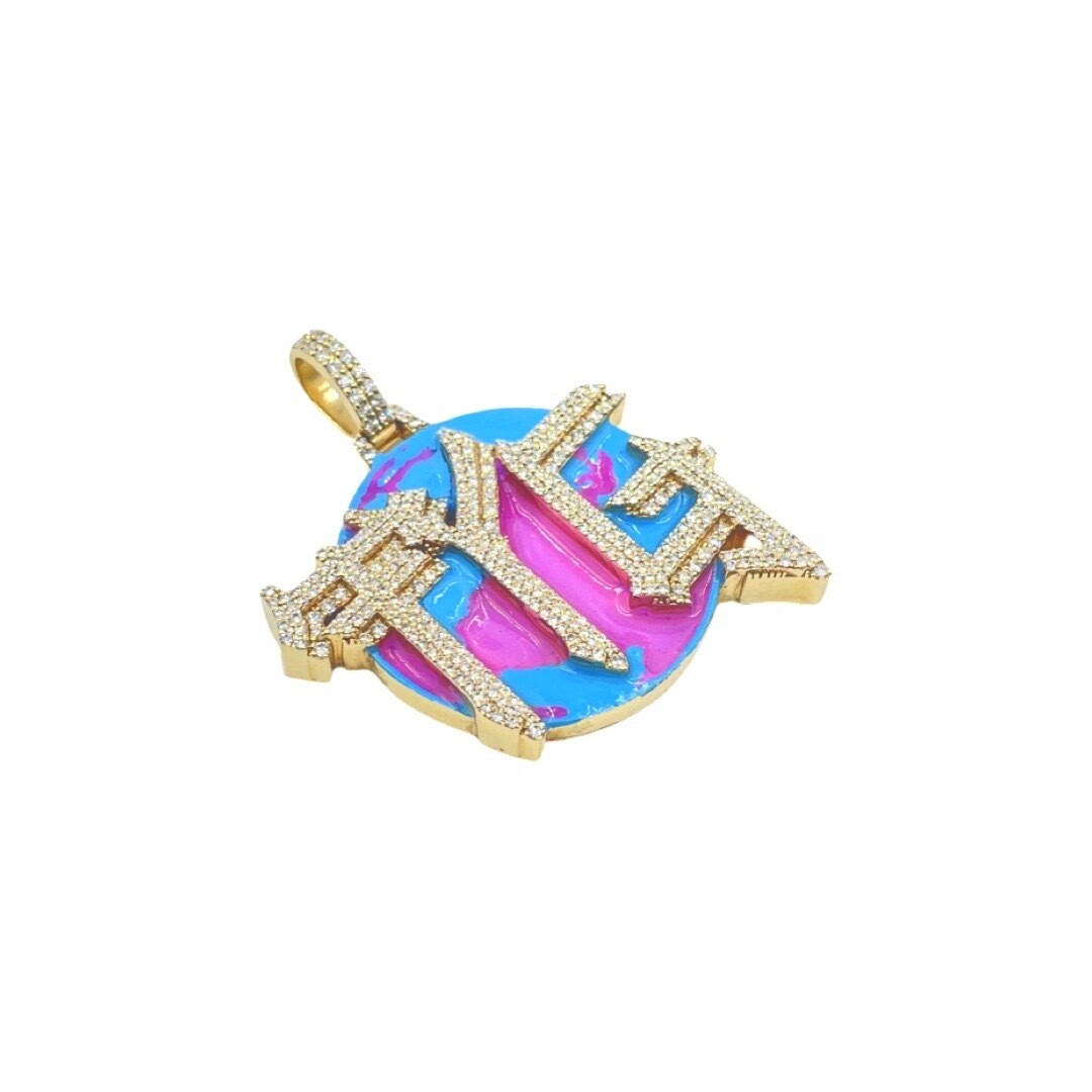 TYG Pink and Blue Enamel Diamond Pendant 10kt YG 39.0gr 2.65cttw Si2-I1 FGH PN000880