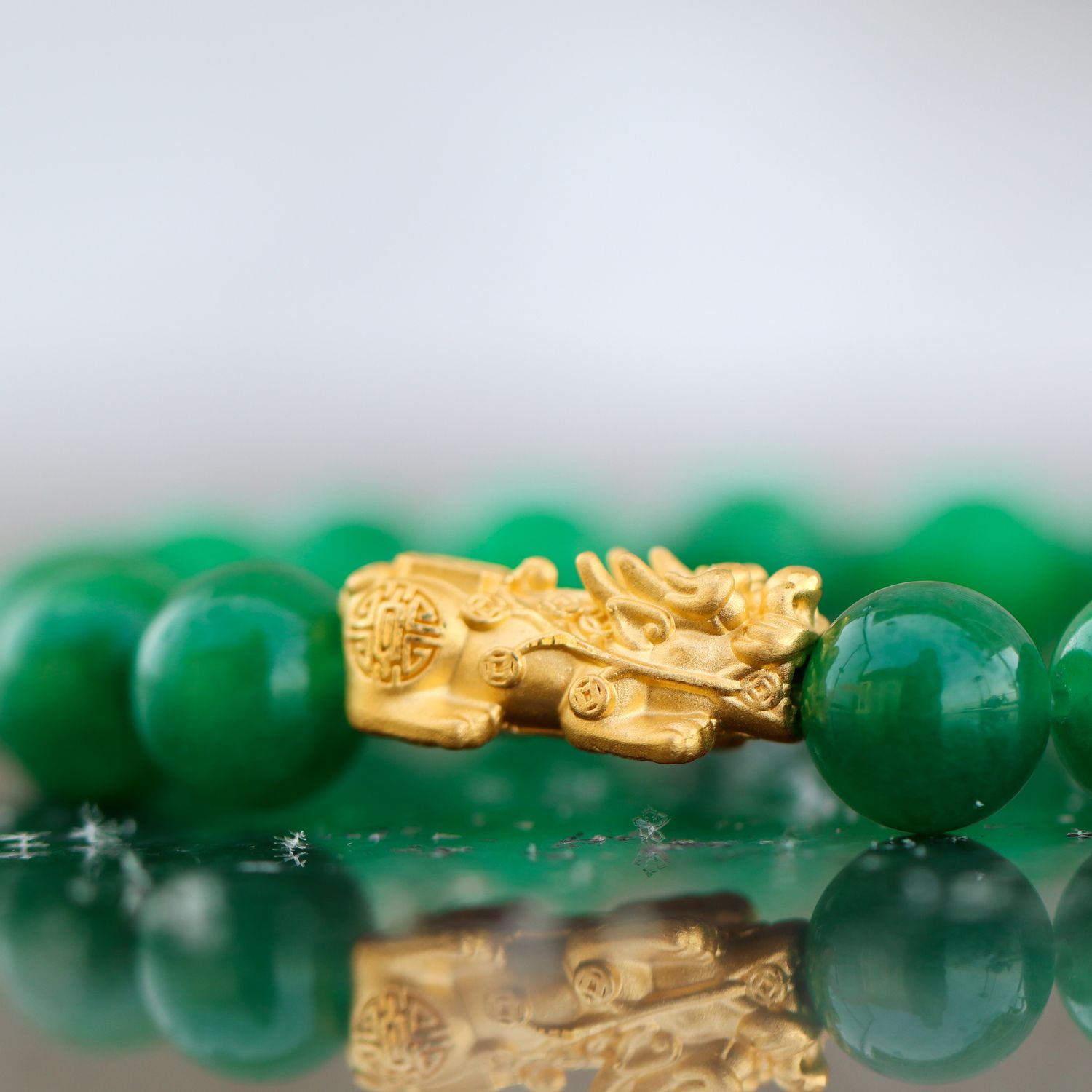 Natural Green Jade 24kt Fu Dogz Bead Bracelet YG 24k 3.5&quot; BR000352