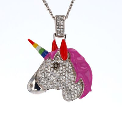 Rainbow Unicorn Pendant Enamel 10kt WG 6.8gr 1.25&quot; Tall 1&quot; Wide 1.15cttw SI/I-GHI PN000831