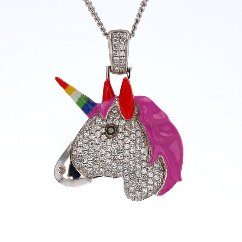 Rainbow Unicorn Pendant Enamel 10kt WG 6.8gr 1.25&quot; Tall 1&quot; Wide 1.15cttw SI/I-GHI PN000831
