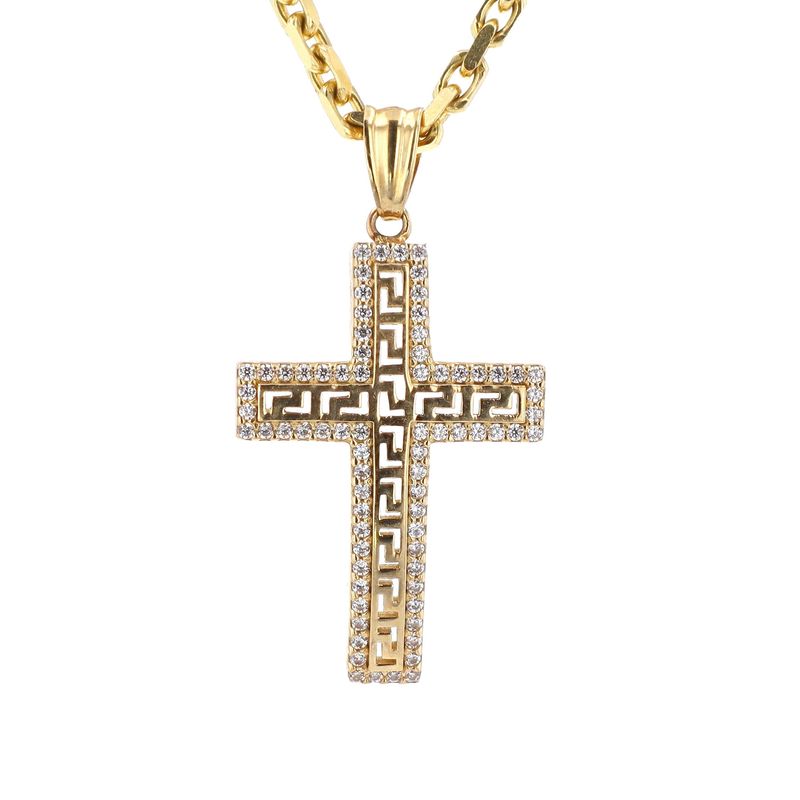 Greek Keys Cross With Crystals Pendant 10kt YG 2.6gr PN000897
