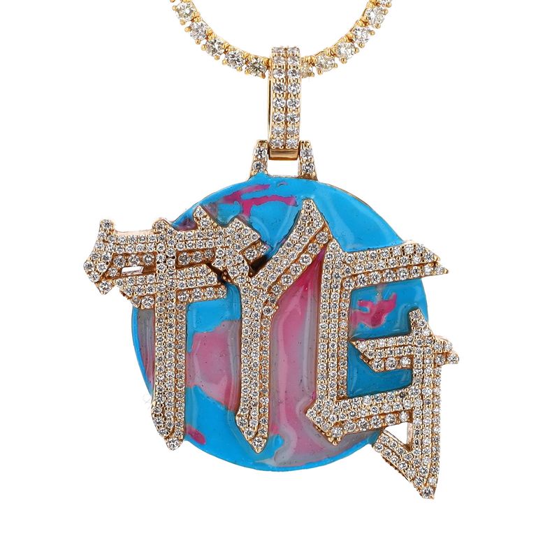 TYG Pink and Blue Enamel Diamond Pendant 10kt YG 39.0gr 2.65cttw Si2-I1 FGH PN000880