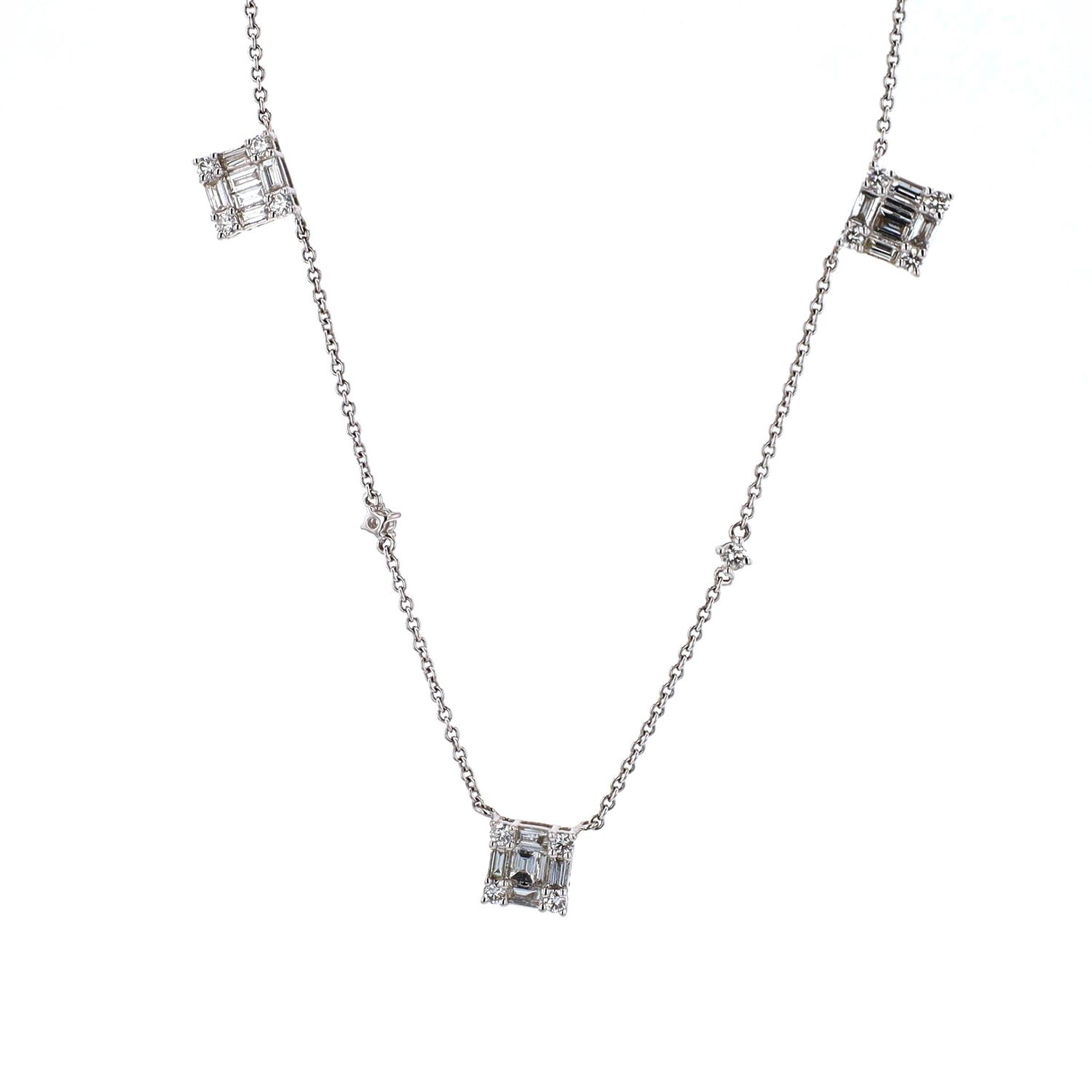 Baguette Diamond 3 Square Necklace 18kt WG 6.3gr 1.48cttw SI-GH PN000362