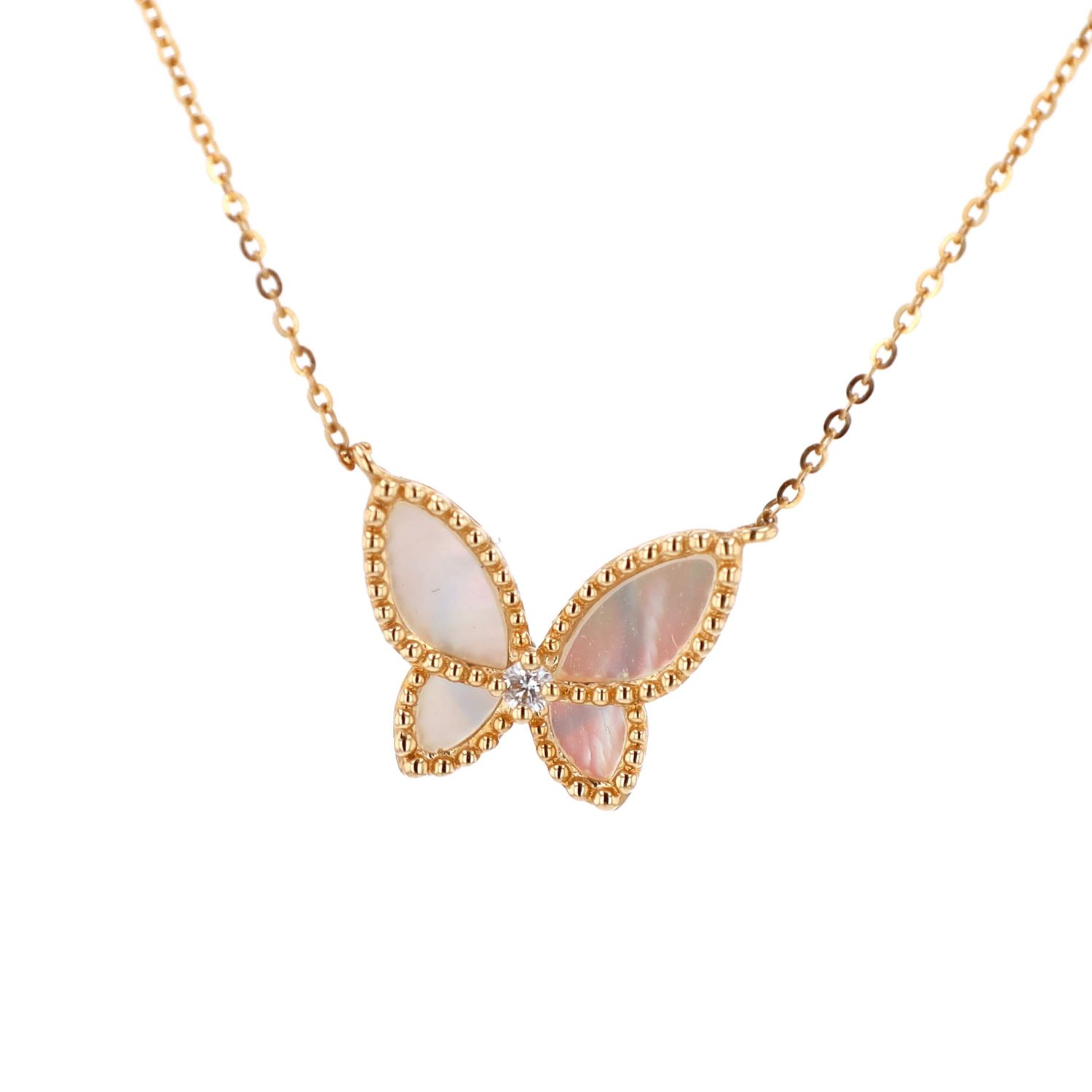 Mother of Pearl Butterfly Necklace 14kt YG 2pt Diamond VS-GH NE00101