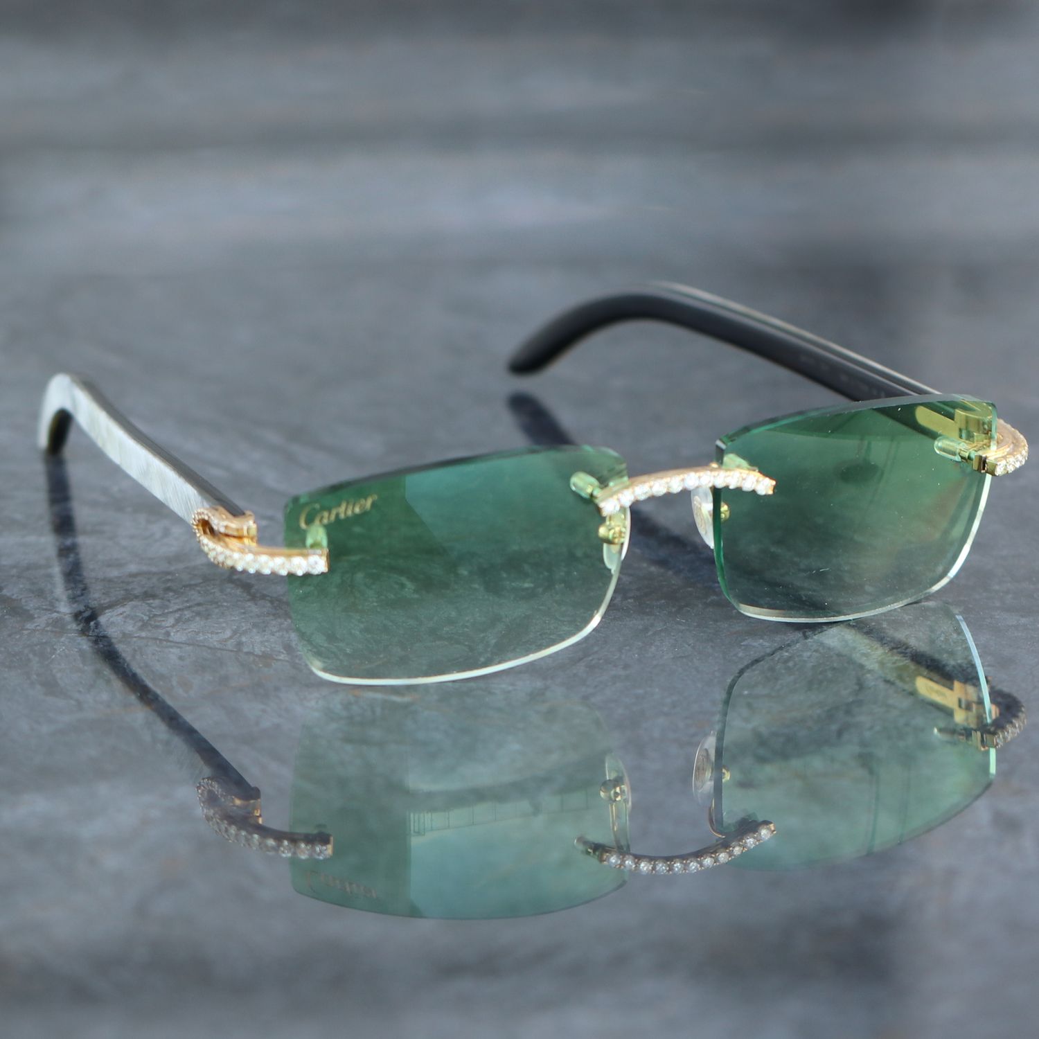 Cartier Buffalo Horn Diamond Glasses White Arms YG Frames  Green Lenses 140s  Diamonds 4.00cttw SI-I SG00103