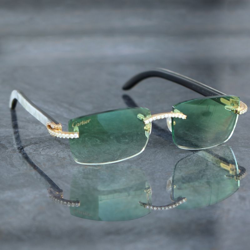 Cartier Buffalo Horn Diamond Glasses White Arms YG Frames  Green Lenses 140s  Diamonds 4.00cttw SI-I SG00103
