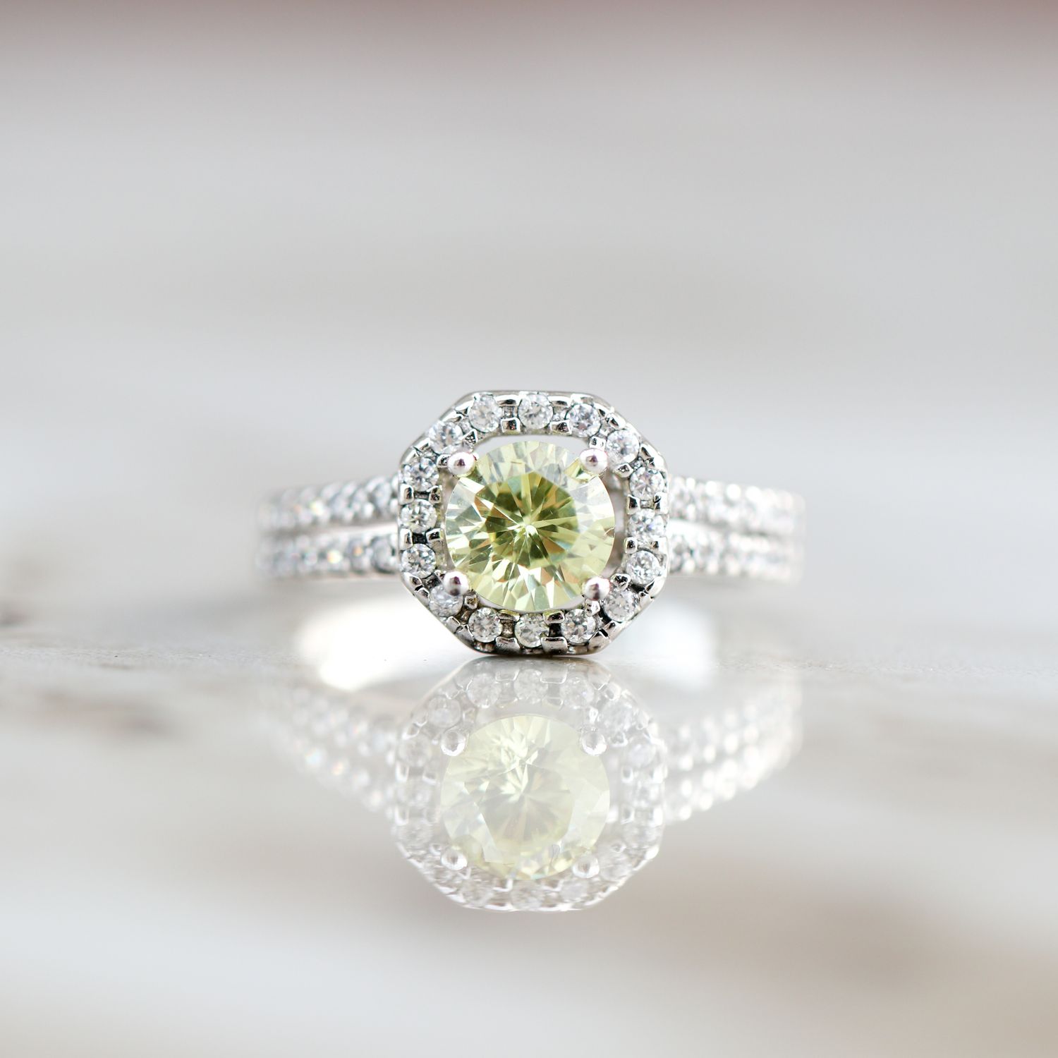 Halo Lime Green Engagement Ring Sterling Silver CZ SFR0031