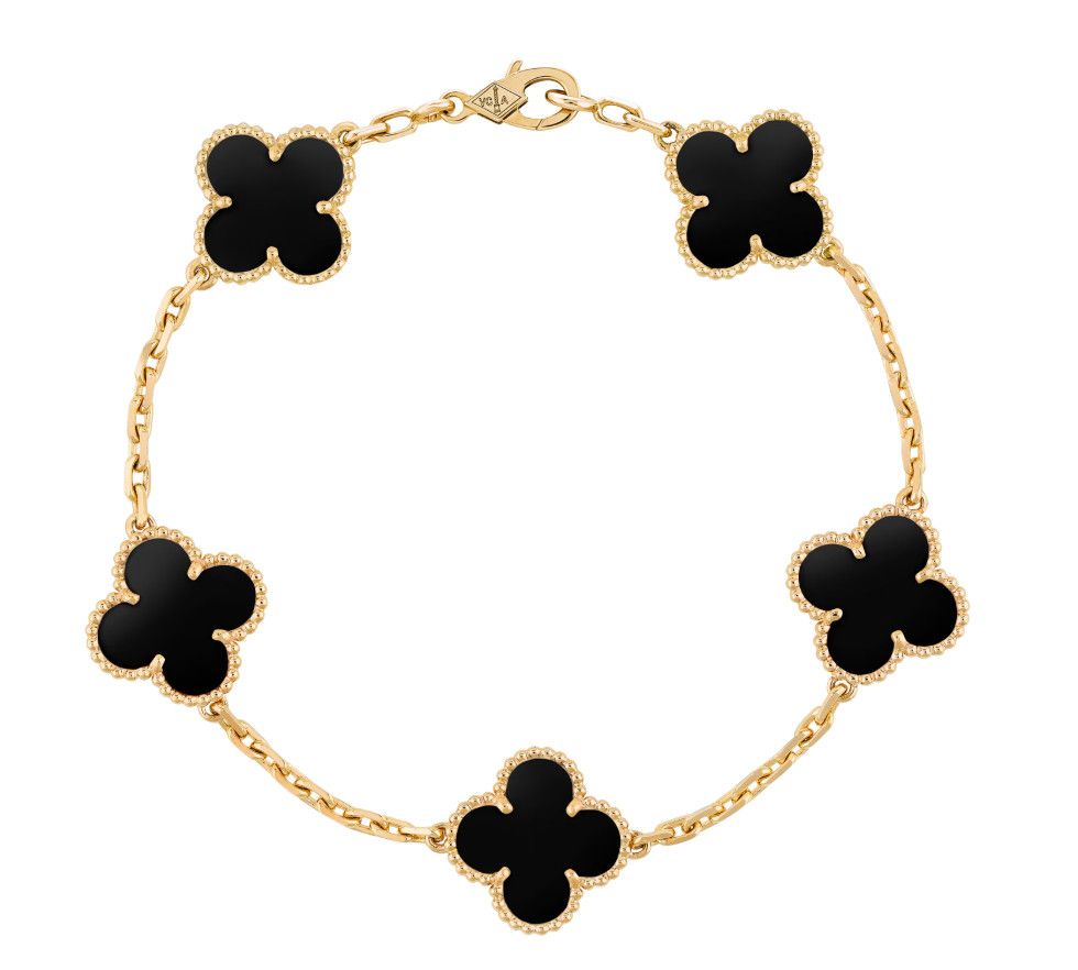 Vintage Alhambra Bracelet Onyx 5 Motifs 18kt 19cm Authentic VCA with Box &amp; Papers BR000371C
