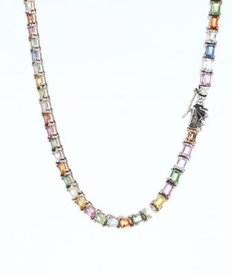 Custom Cashe Multi Color Saphire Tennis Chain 14kt WG 26.2gr 14-15&quot; CDB Lock 4 prong basket CH00550C
