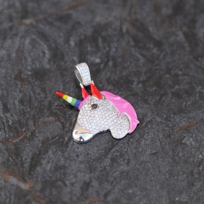 Rainbow Unicorn Pendant Enamel 10kt WG 6.8gr 1.25" Tall 1" Wide 1.15cttw SI/I-GHI PN000831