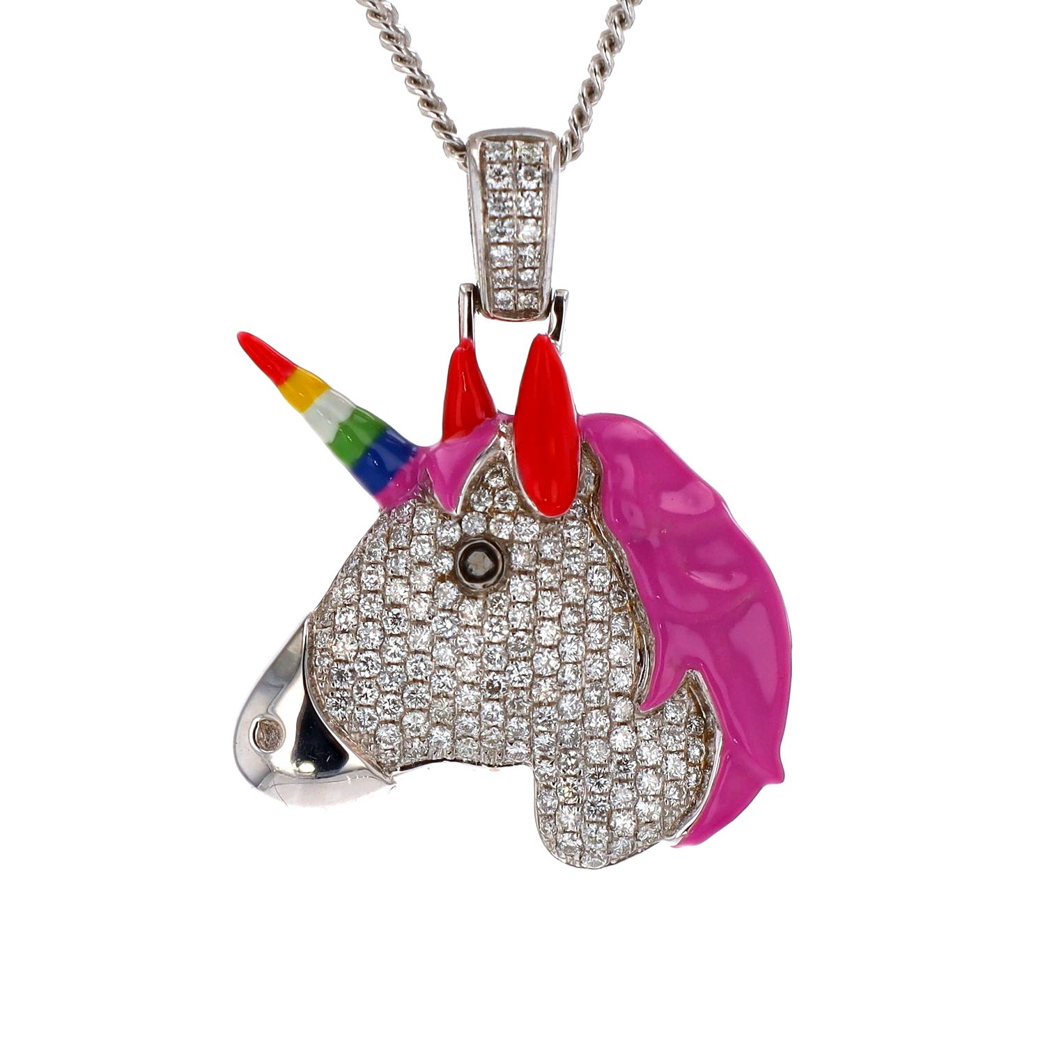 Rainbow Unicorn Pendant Enamel 10kt WG 6.8gr 1.25" Tall 1" Wide 1.15cttw SI/I-GHI PN000831