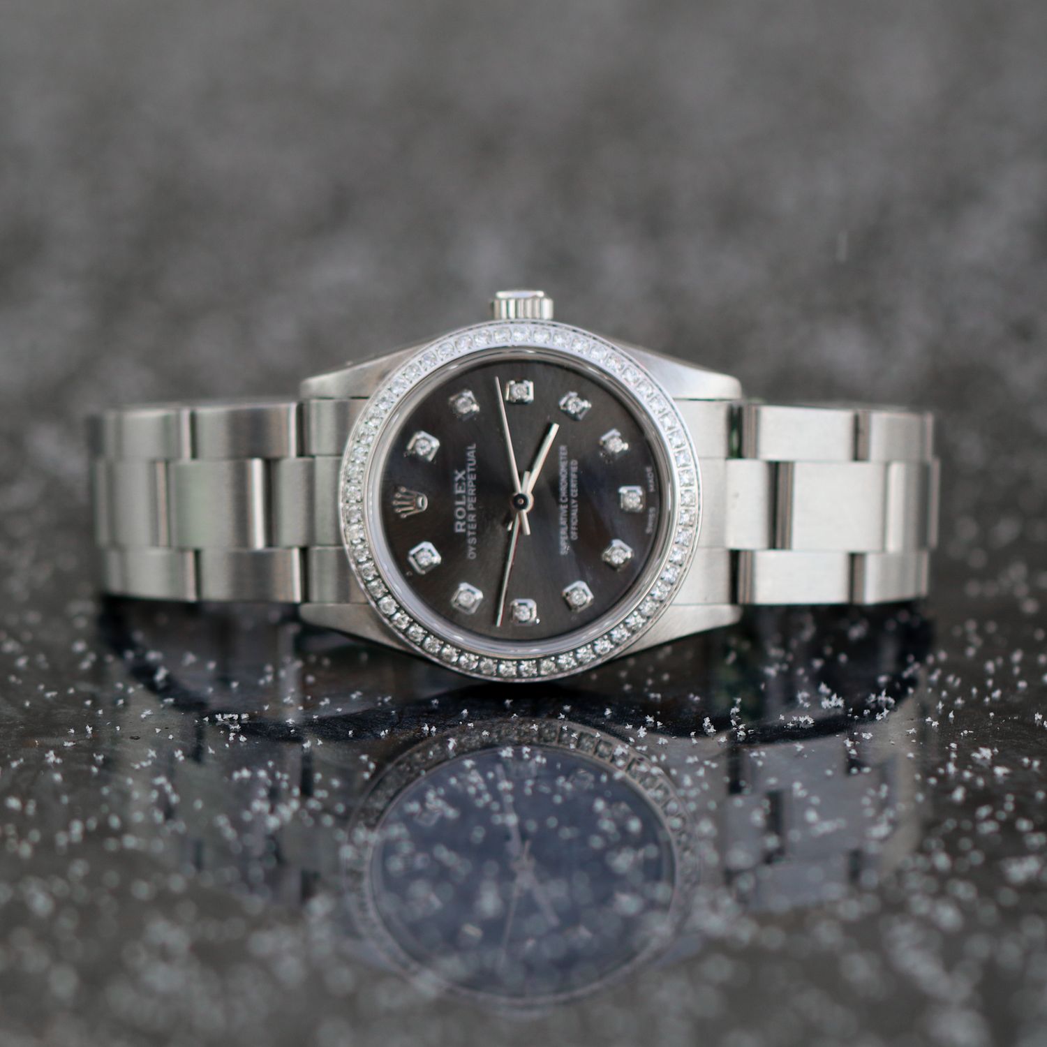 Rolex 31mm Steel Oyster Perpetual Grey Slate Diamond Bezel / Dial added 0.85cttw Ref:67480 WA00119
