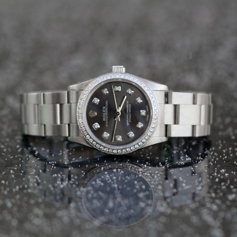 Rolex 31mm Steel Oyster Perpetual Grey Slate Diamond Bezel / Dial added 0.85cttw Ref:67480 WA00119