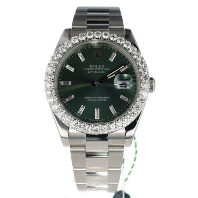 Rolex Datejust Green Dial 41mm Diamond Bezel 4.56ct VVS E Natural SS Oyster Bracelet 12 Link 8 Screws RF 126300 WA00168