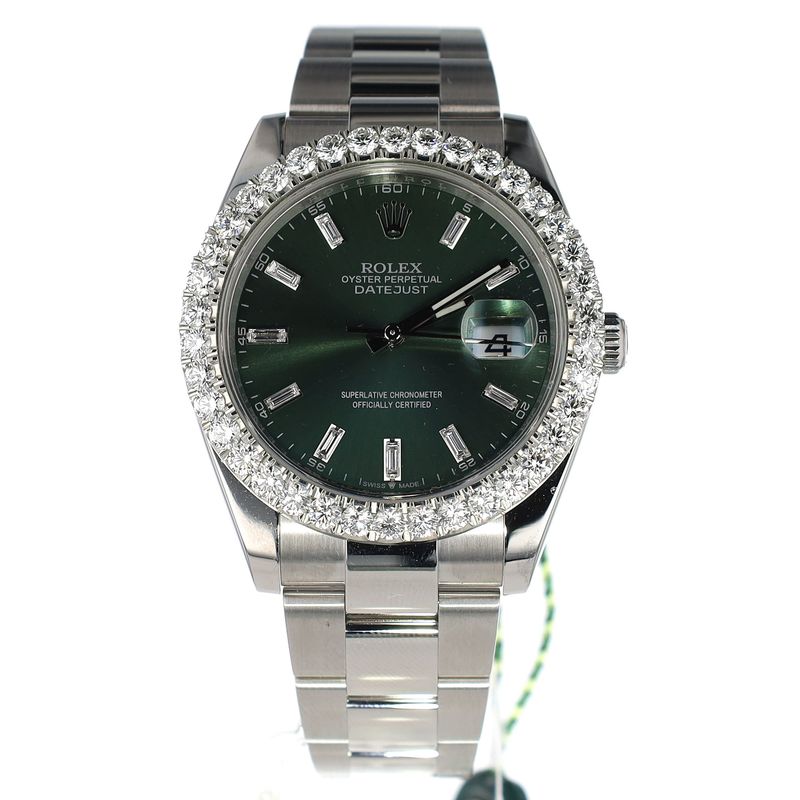 Rolex Datejust Green Dial 41mm Diamond Bezel 4.56ct VVS E Natural SS Oyster Bracelet 12 Link 8 Screws RF 126300 WA00168
