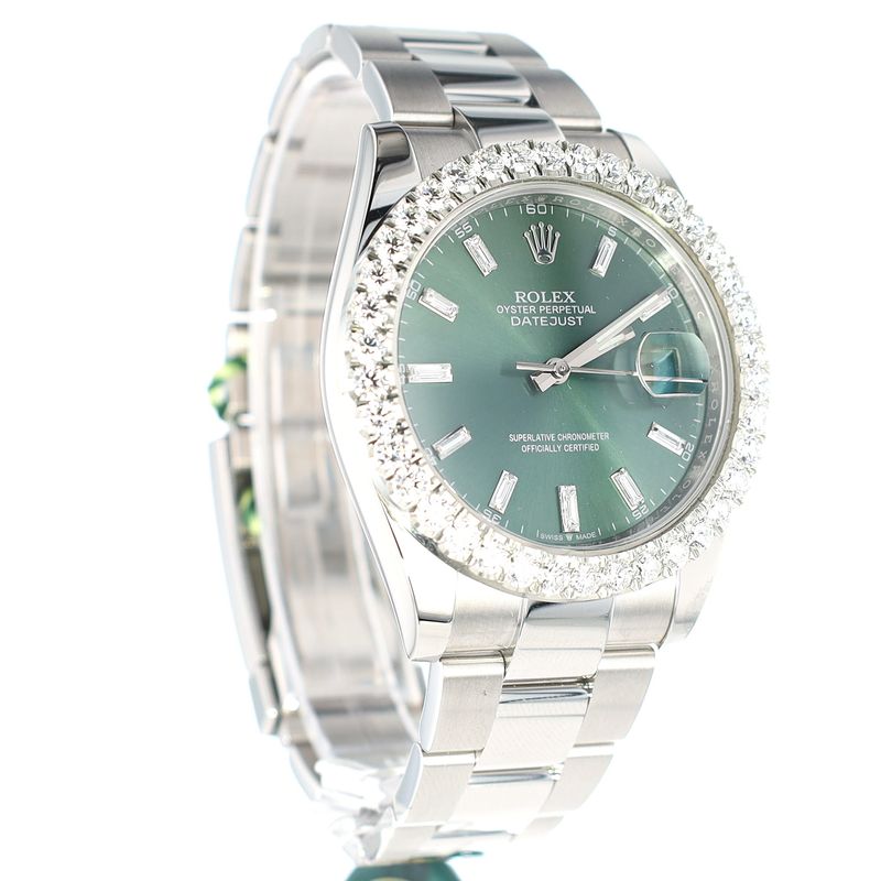 Rolex Datejust Green Dial 41mm Diamond Bezel 4.56ct VVS E Natural SS Oyster Bracelet 12 Link 8 Screws RF 126300 WA00168
