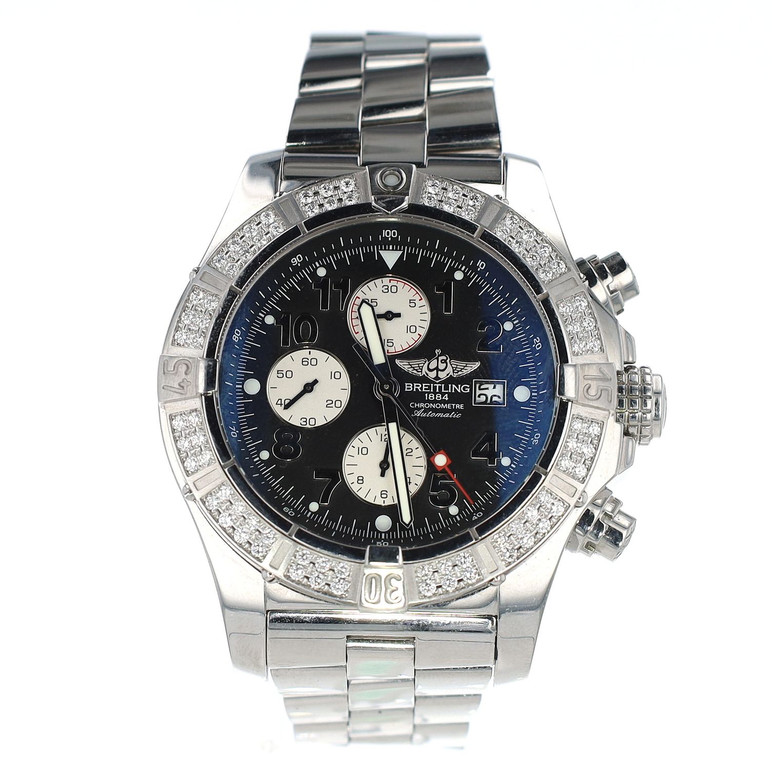 Breitling Super Avenger SS Chronograph Black Arabic 48mm Diamond Bezel A1337053 with Complete Box and Papers WA00180C