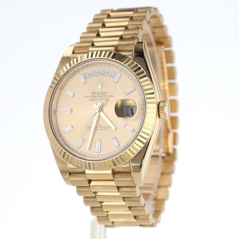 Rolex Daydate 40mm Diamond Baguette Champagne Dial Yellow Gold / Stainless Steel year 2020 President Full Set Model:228238 WA00190