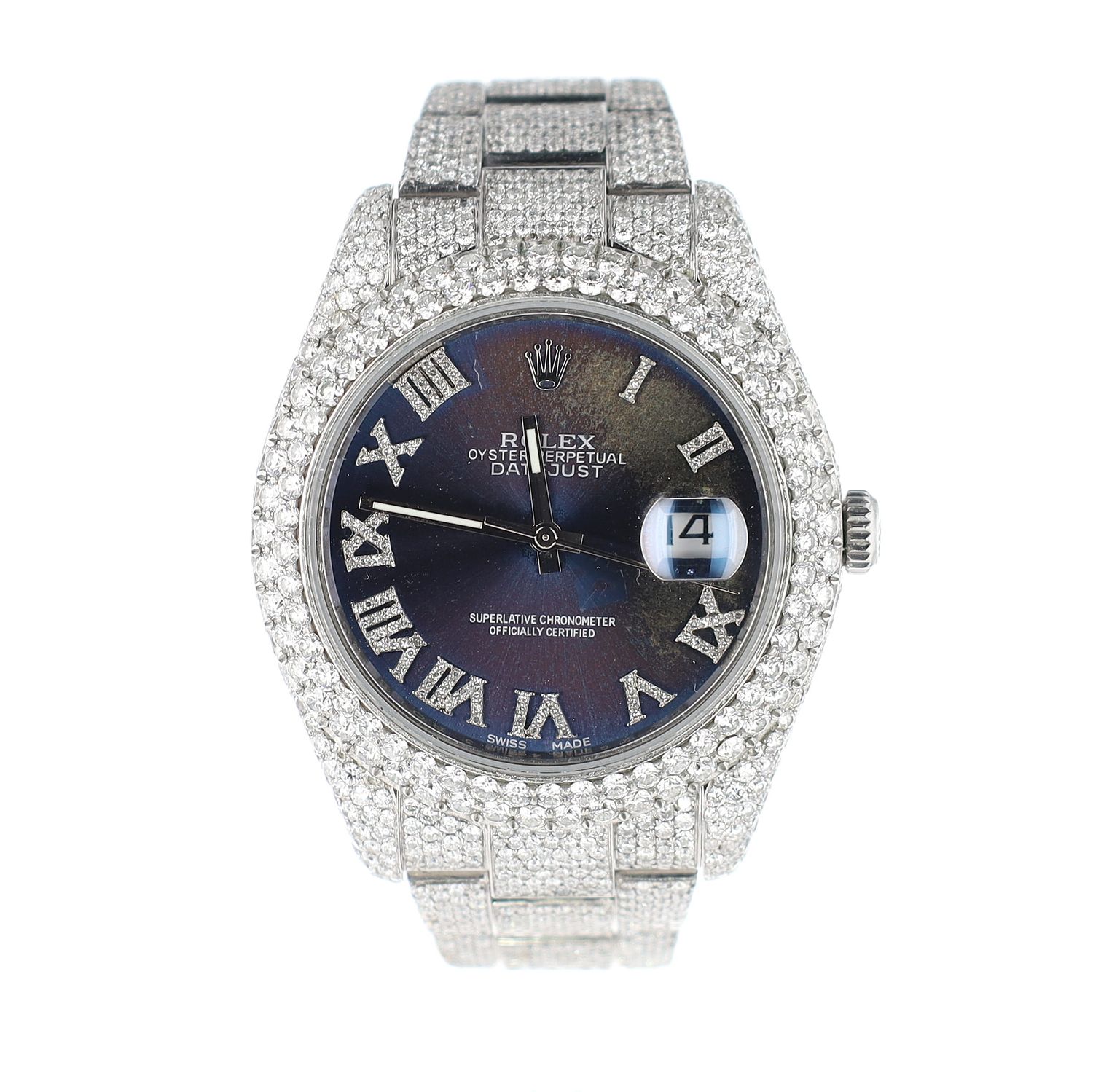 Rolex Datejust Iced Out 41mm 2 Row Diamond Bezel Roman Numeral Dial Dark Blue Oyster Bracelet Model:116300 WA00189