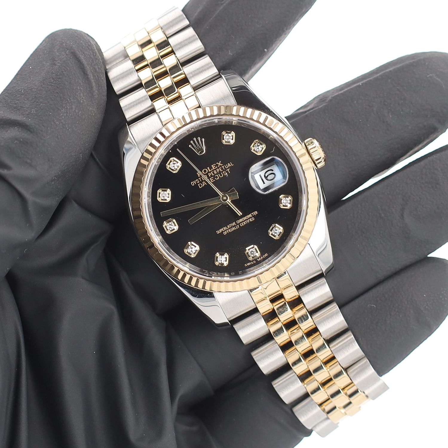 Rolex Datejust 36mm 2 Tone Black Dial Diamond Markers Yellow Gold