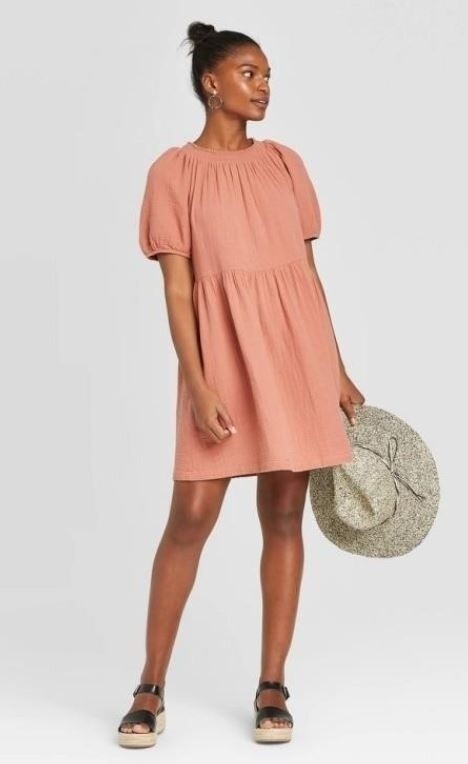 Women&#39;s Short Sleeve Smocked Gauze Shift Dress XS